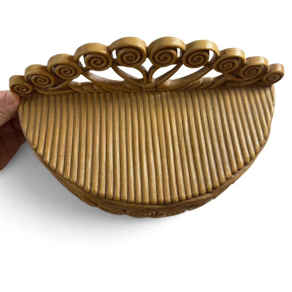 Vintage Burwood Faux Rattan Wicker Wall Mirror Shelf Planter Set 4pc Boho Tan
